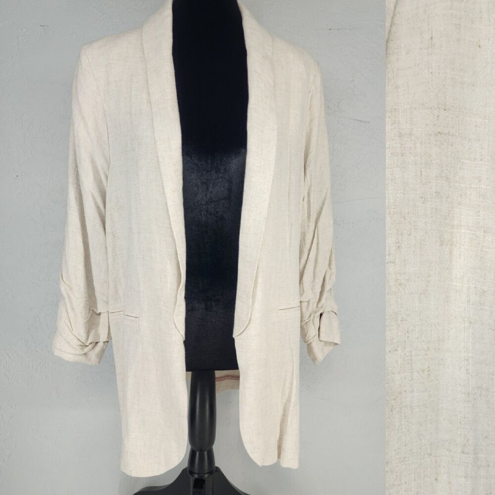 Entro Sz Large | Cream Linen Blend Neutral Blazer Casual Coastal Minimalist Chic